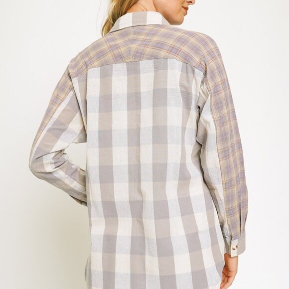 MYSTREE Plaid Button Down Shirt, Neutral Grey Beige Mix, Long Sleeve Oversized - Picture 5 of 6
